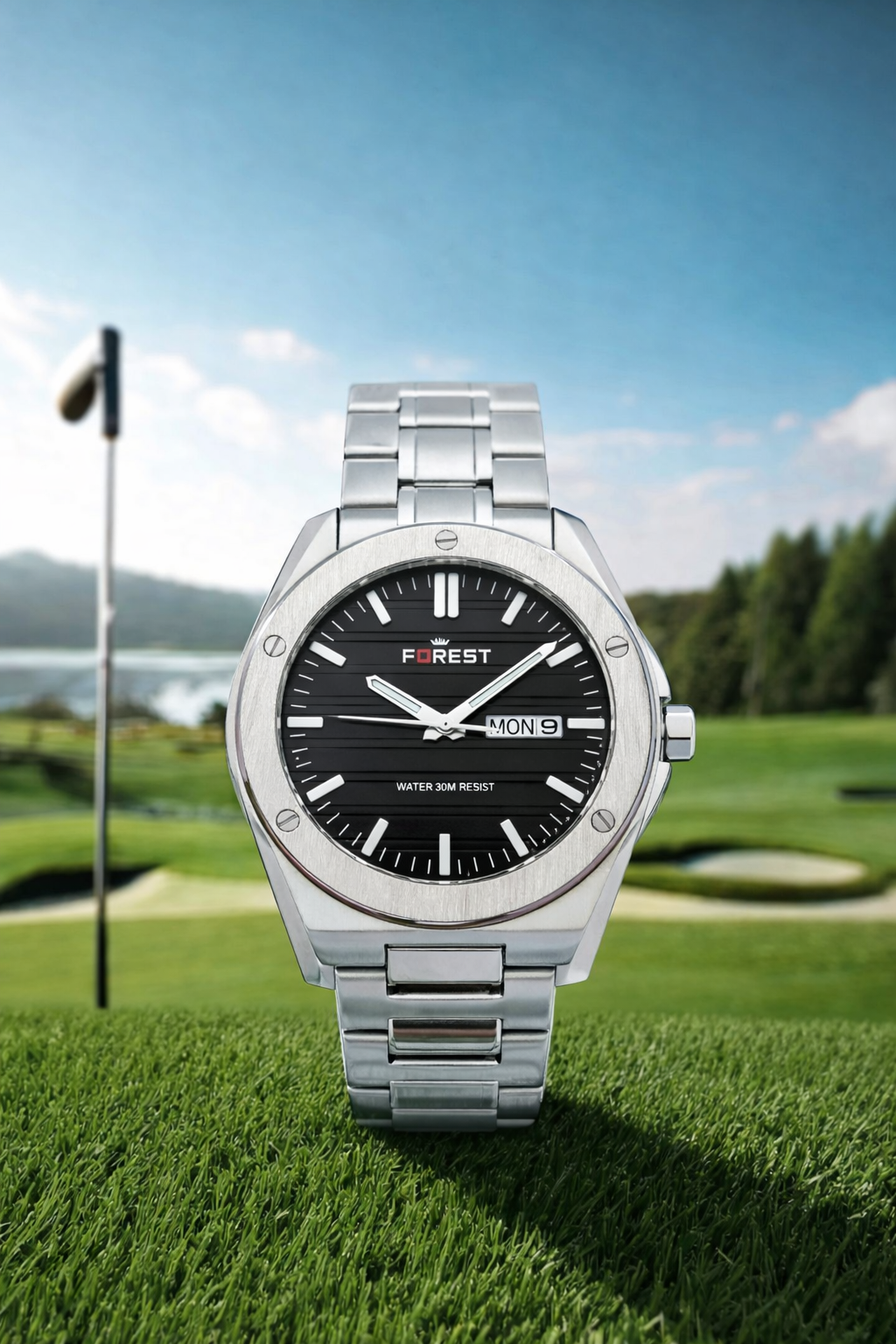 Silver Stainless Steel Day-Date Watch with Black Dial