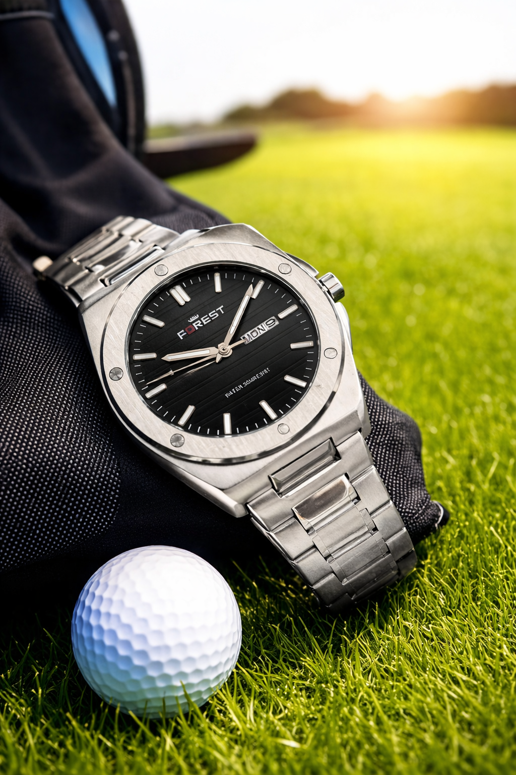 Silver Stainless Steel Day-Date Watch with Black Dial